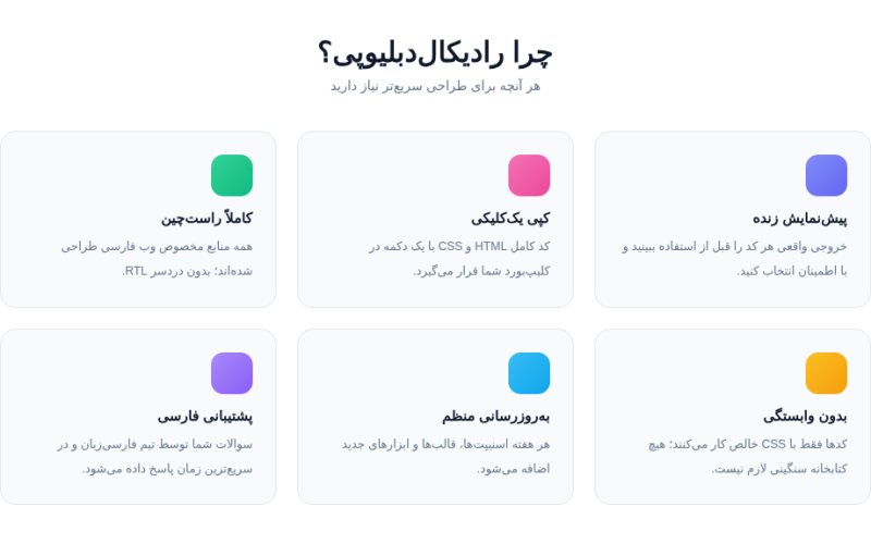 بخش ویژگی‌ها شش‌تایی آیکون‌دار